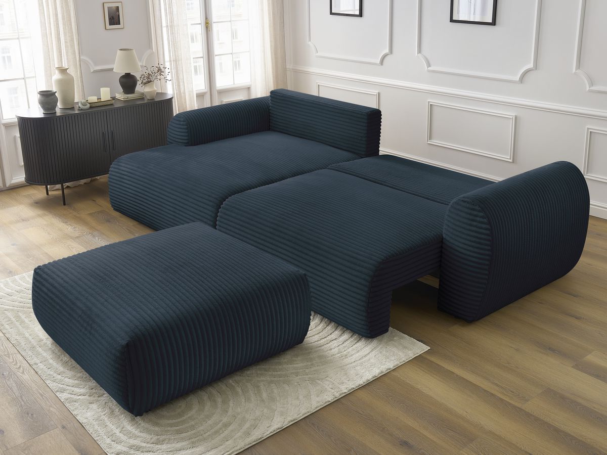Bobochic Lucien Ecksofa mit Schlaffunktion und Bettkasten und Pouf 314 × 167 cm Breitcord weich Dunkelblau Ecke links