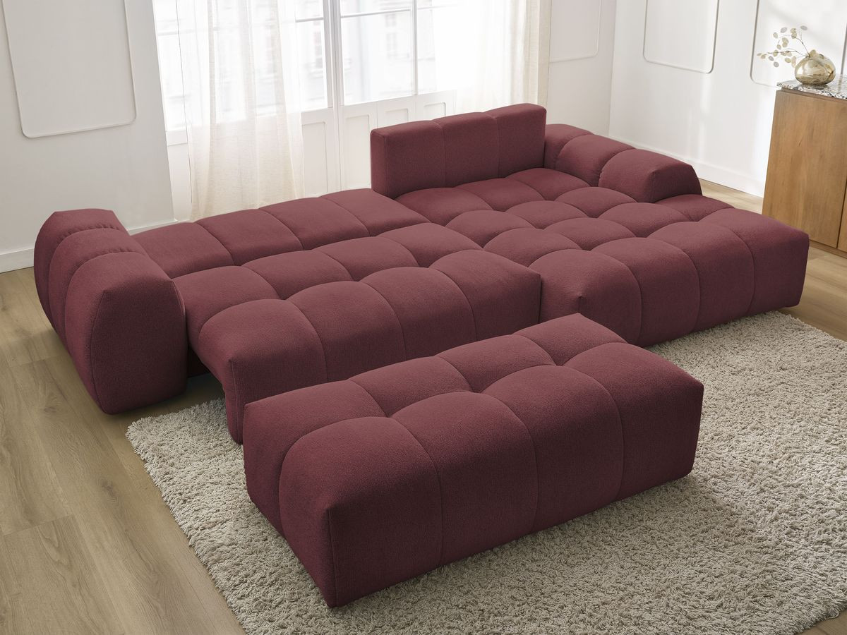 Bobochic Everest Ecksofa mit Schlaffunktion und Bettkasten und Pouf 318 × 180 cm, 7 Kissen Melange-Stoff Rot Ecke rechts
