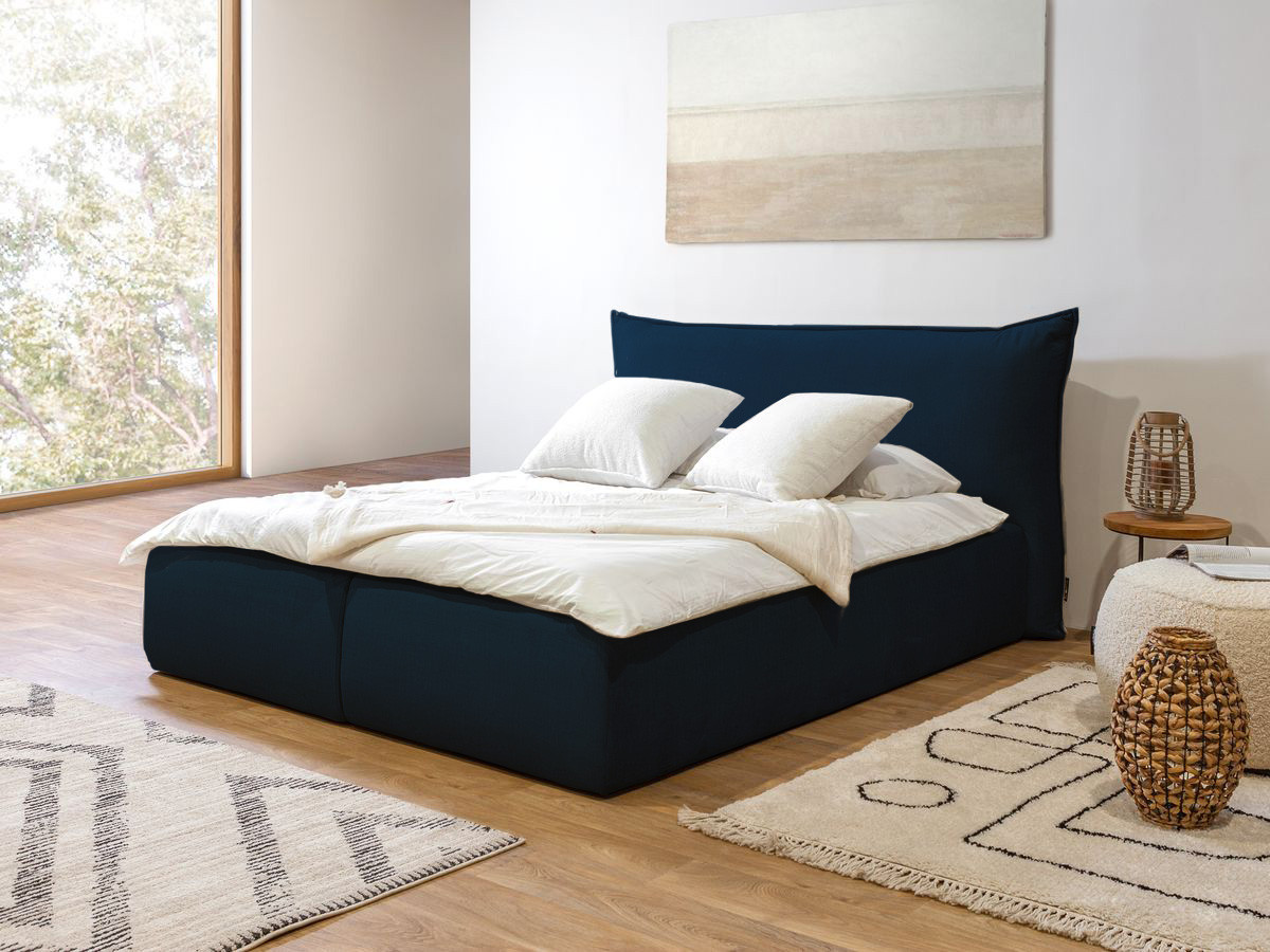 Bobochic Jade Polsterbett mit Bettkasten Stoff Blau, Liegefläche 140 × 190 cm