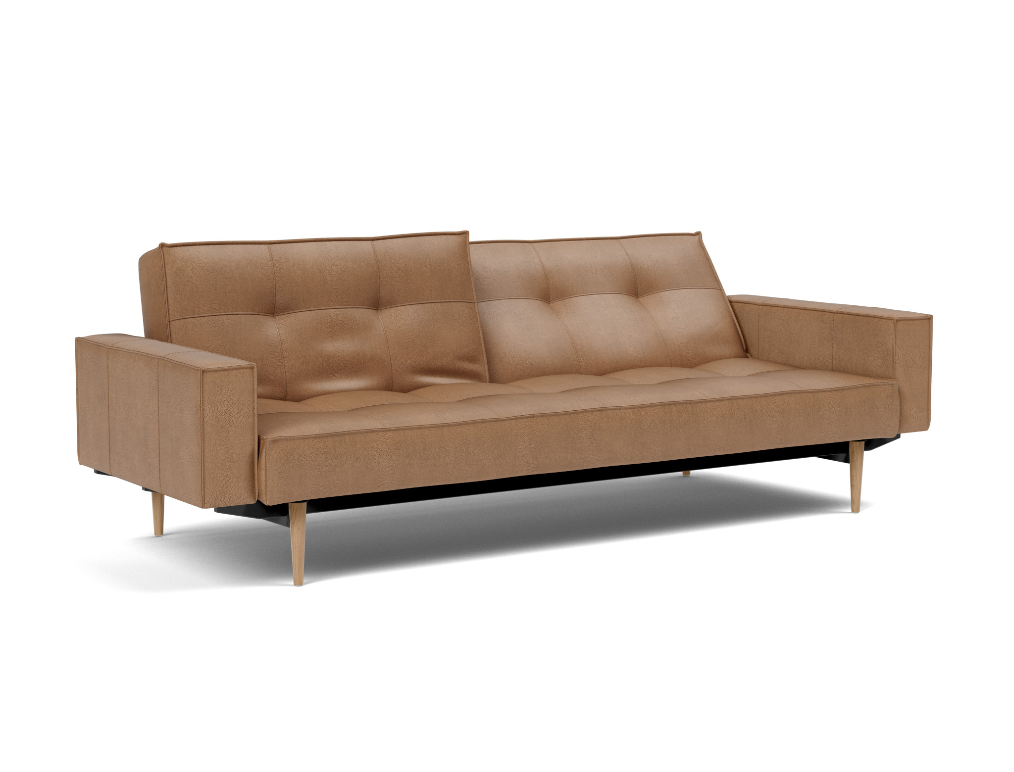 Schlafsofa Splitback mit Armlehnen Lederoptik Faunal 551-Brown Beine Styletto Eiche hell