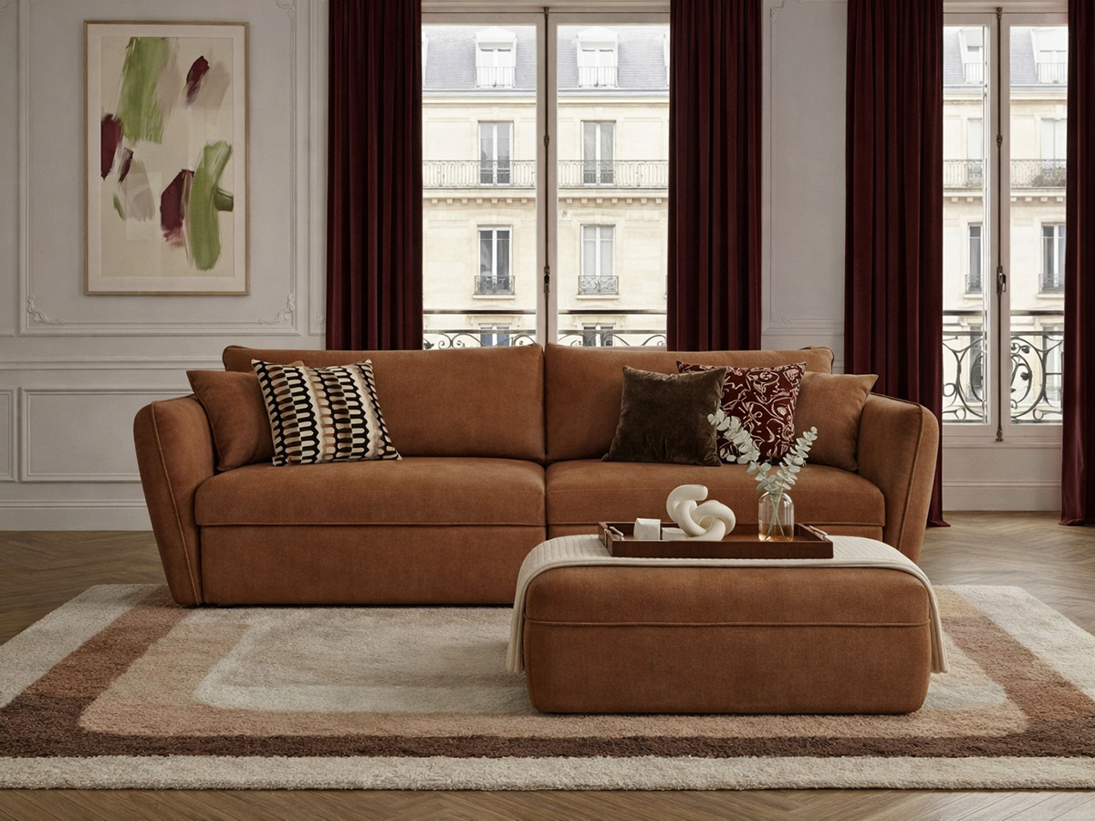Bobochic Luigi Sofa 3-Sitzer mit Pouf Strukturstoff Orange