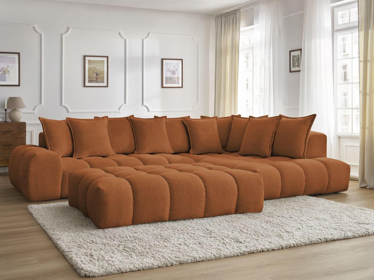 Bobochic Everest Ecksofa mit Schlaffunktion und Pouf, 10 Kissen Melange-Stoff Orange Ecke rechts