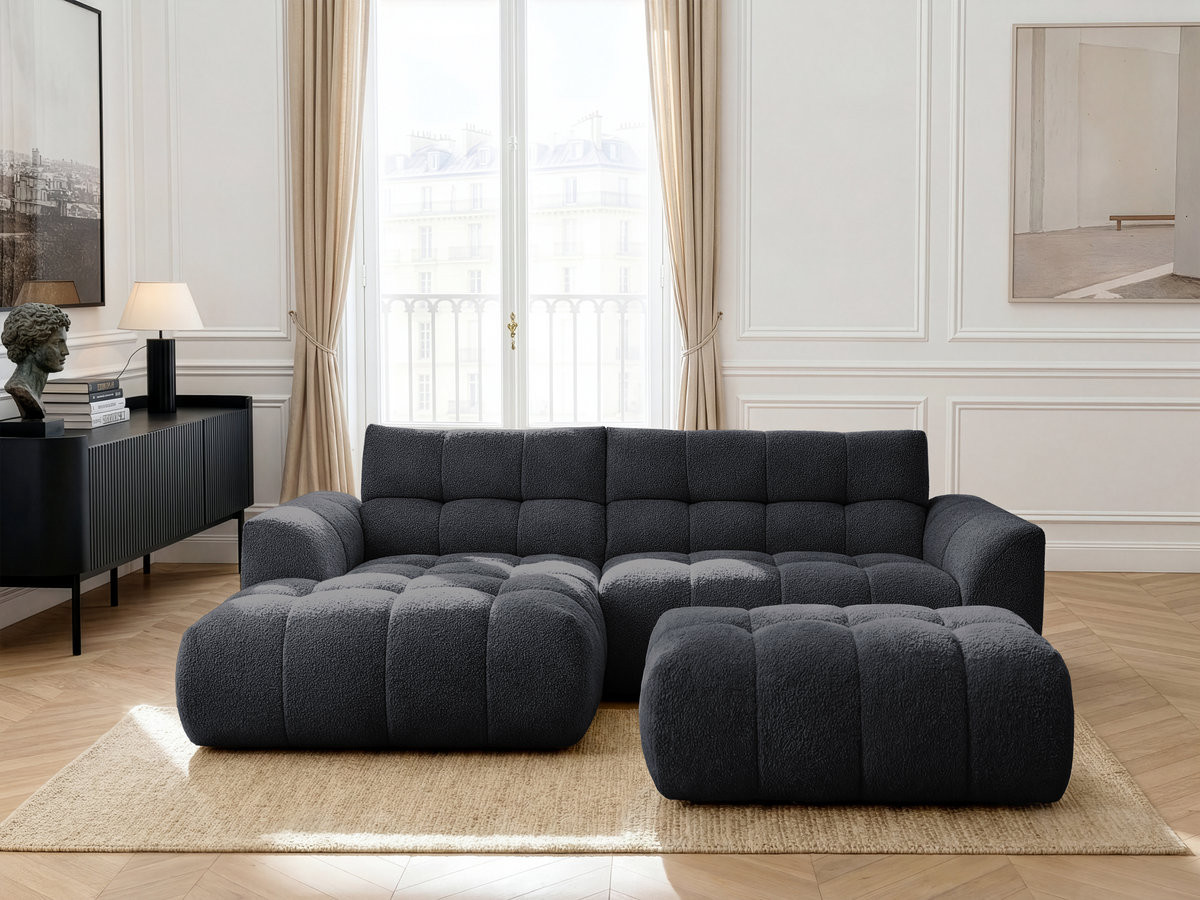 Bobochic Jaya Ecksofa mit Pouf Chenille Schwarz Ecke links
