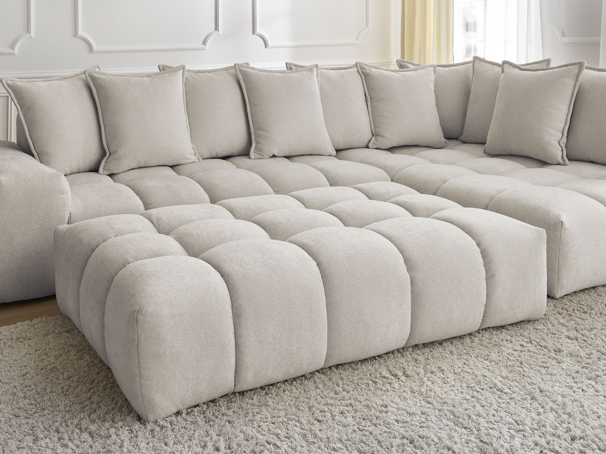 Bobochic Everest Ecksofa mit Schlaffunktion und Pouf, 10 Kissen Strukturstoff Beige Ecke rechts