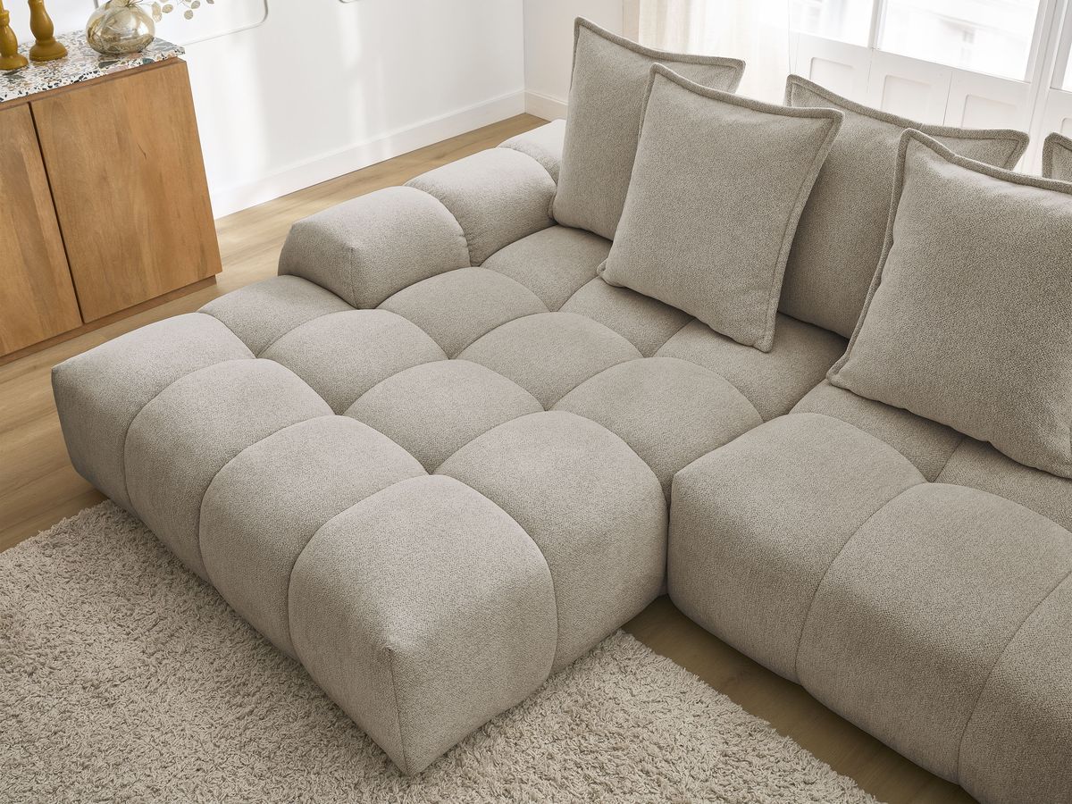 Bobochic Everest Ecksofa mit Schlaffunktion und Bettkasten 318 × 180 cm, 7 Kissen Melange-Stoff Taupe Ecke links