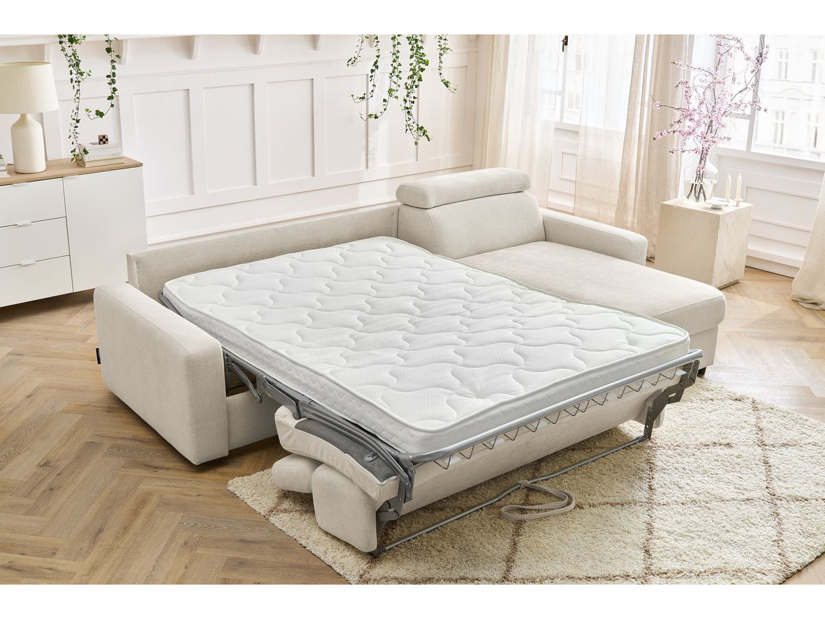 Bobochic Monaco Ecksofa mit Schlaffunktion und Bettkasten Stoff Beige, Liegefläche 140 × 190 cm