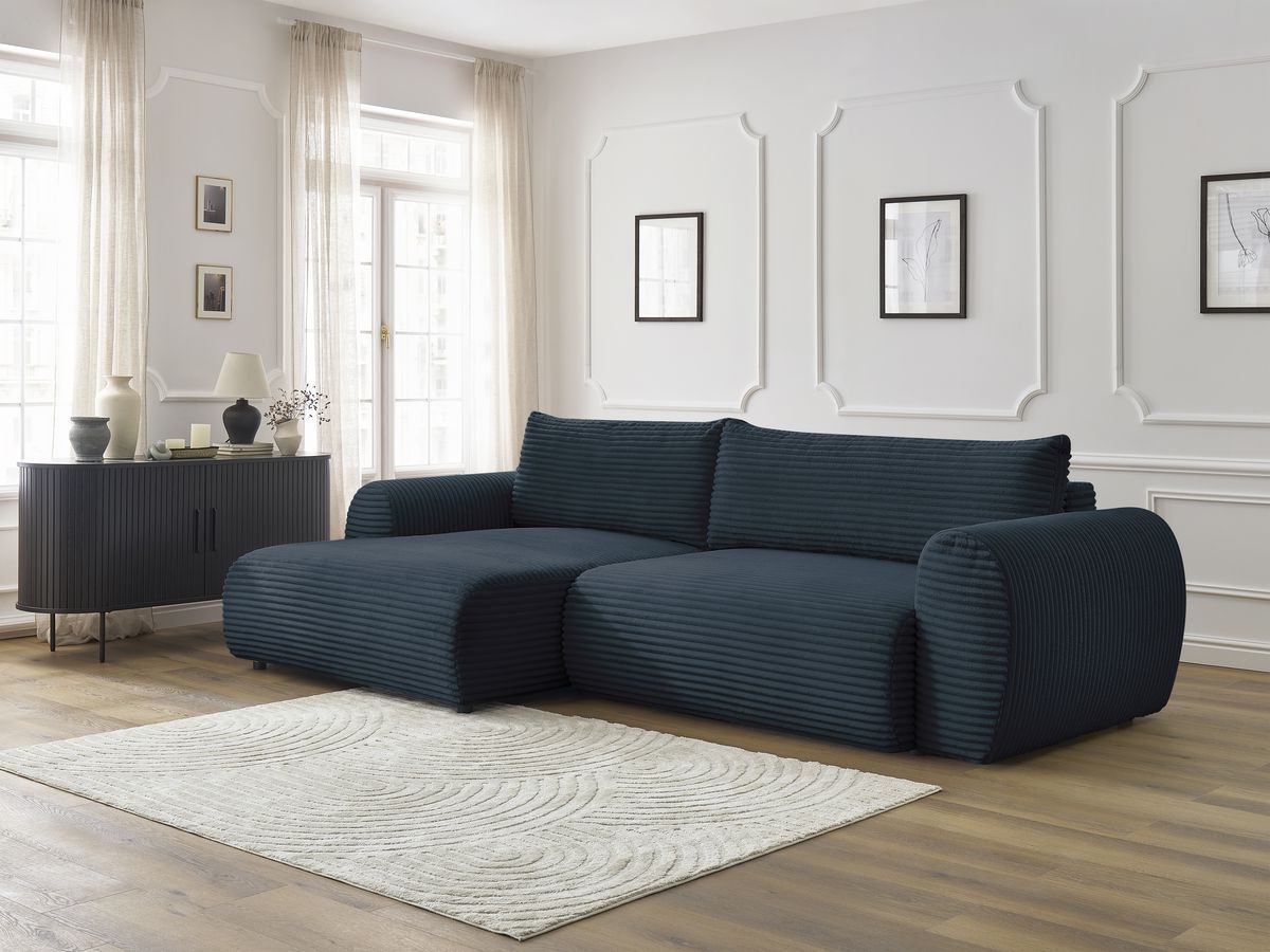 Bobochic Lucien Ecksofa mit Schlaffunktion und Bettkasten 314 × 167 cm Breitcord weich Dunkelblau Ecke links