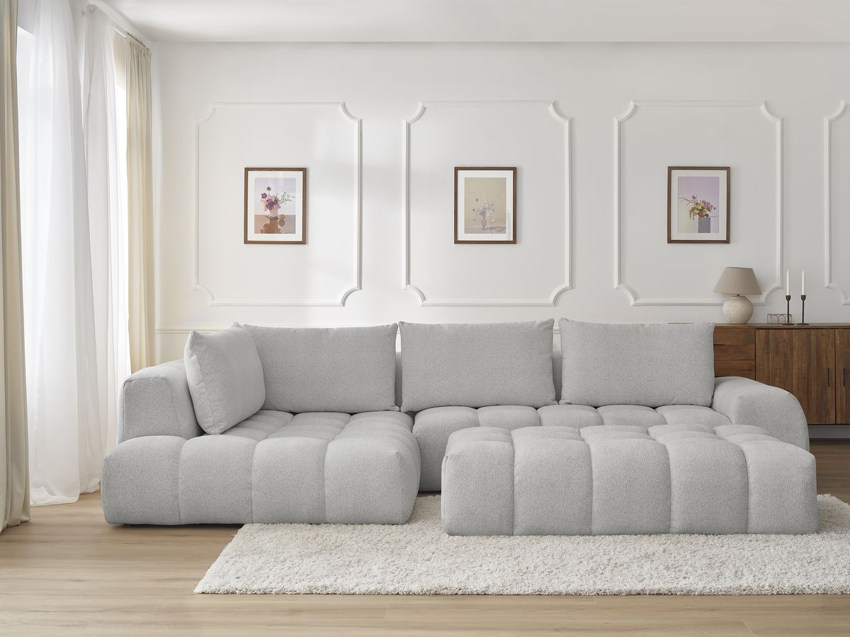 Bobochic Everest Ecksofa mit Schlaffunktion und Pouf, 4 Kissen Melange-Stoff Hellgrau Ecke links