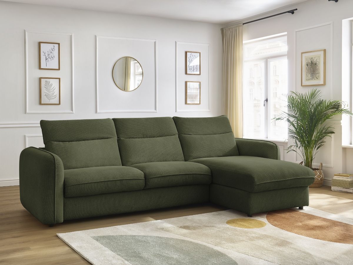 Bobochic Achille Ecksofa mit Schlaffunktion und Bettkasten Melange-Stoff Grün, Liegefläche 160 × 200 cm