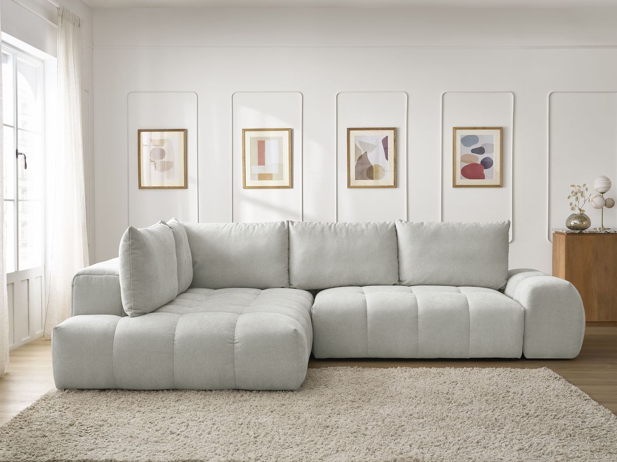 Bobochic Everest Ecksofa mit Schlaffunktion und Bettkasten 320 × 212 cm, 5 Kissen Strukturstoff Hellgrau Ecke links