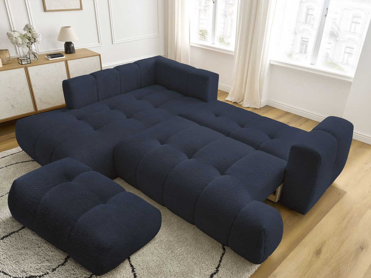 Bobochic Fuji Ecksofa mit Schlaffunktion und Bettkasten und Pouf 282 × 204 cm Bouclé-Stoff Dunkelblau Ecke links