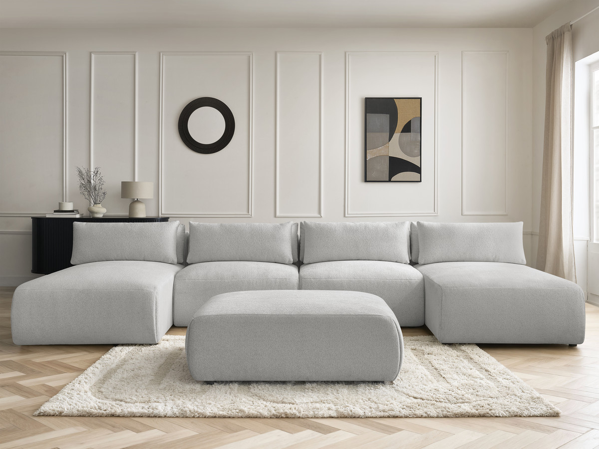 Bobochic Jana Wohnlandschaft mit großem Pouf Melange-Stoff Hellgrau