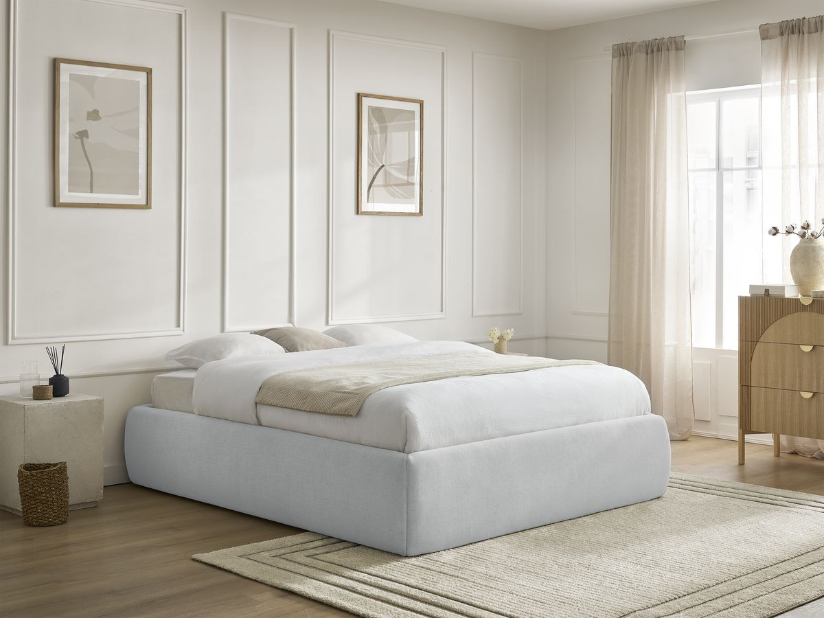 Bobochic Inera Bettgestell mit Bettkasten, ohne Kopfteil Stoff Hellgrau, Liegefläche 160 × 200 cm
