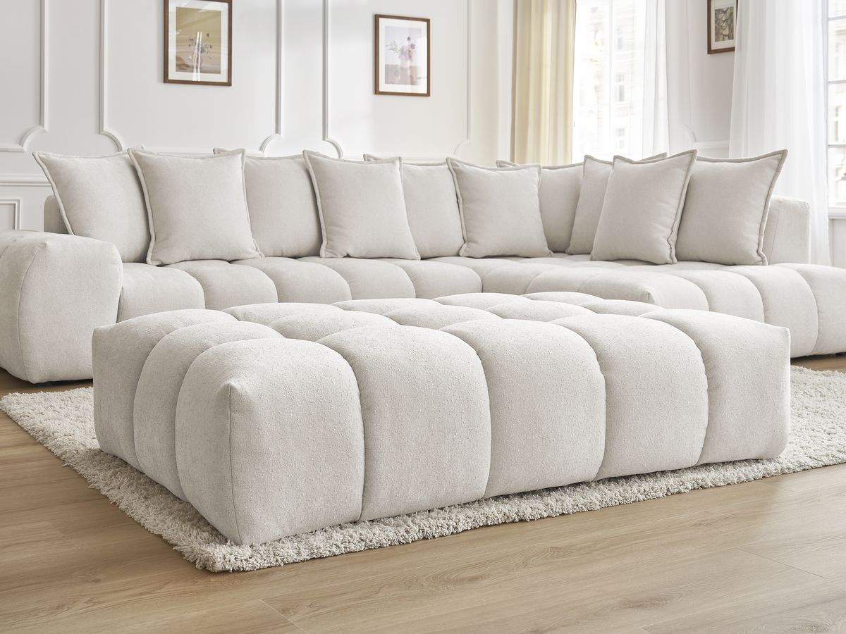 Bobochic Everest Ecksofa mit Schlaffunktion und Pouf, 10 Kissen Strukturstoff Weiß Ecke rechts