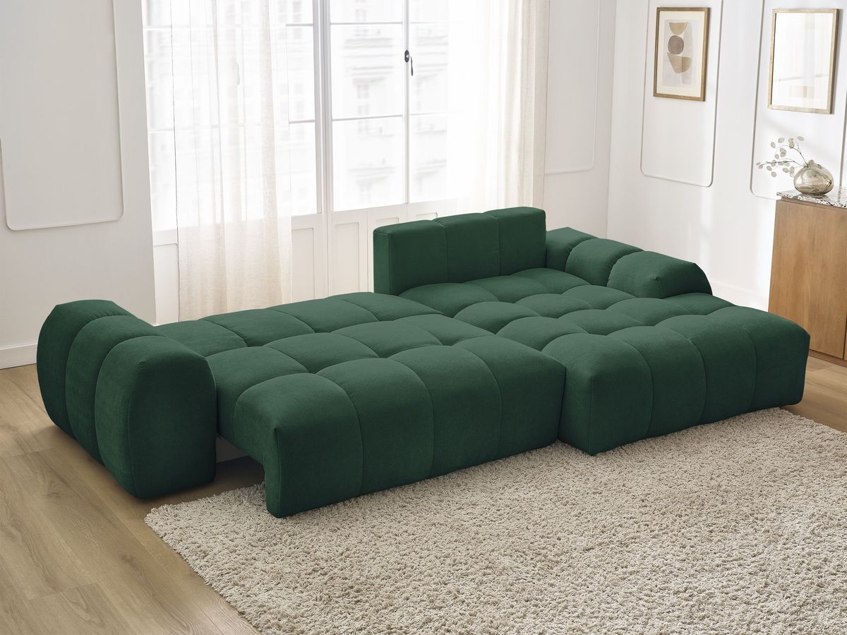 Bobochic Everest Ecksofa mit Schlaffunktion und Bettkasten 318 × 180 cm, 7 Kissen Strukturstoff Grün Ecke rechts