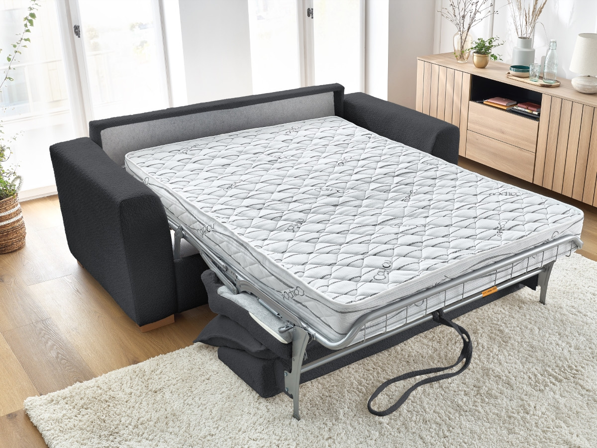 Bobochic Augustin Schlafsofa 3-Sitzer Bouclé-Stoff Dunkelgrau, Liegefläche 160 × 200 cm