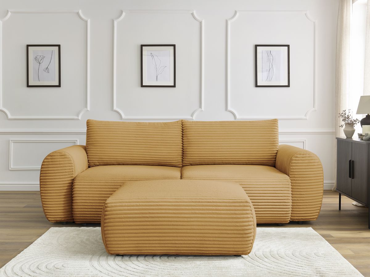 Bobochic Lucien Schlafsofa 4-Sitzer mit Bettkasten und Pouf Breitcord weich Gelb