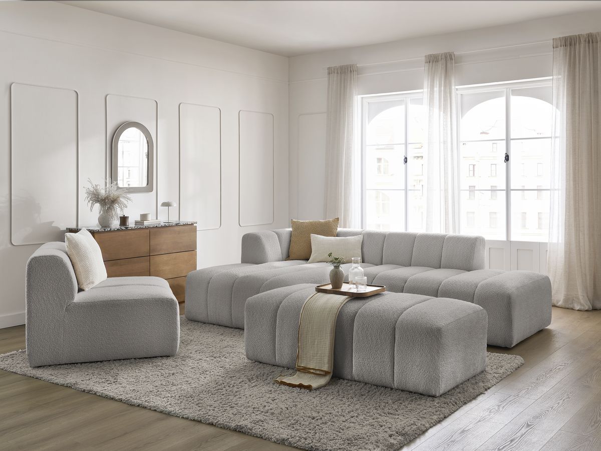 Bobochic Annecy Ecksofa mit Sofamodul und Pouf Bouclé-Stoff Hellgrau Ecke links