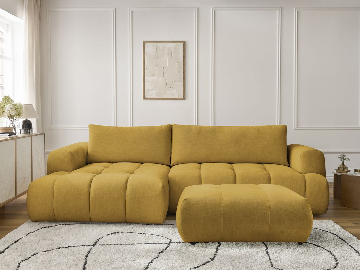 Bobochic Fuji Ecksofa mit Schlaffunktion und Bettkasten und Pouf 292 × 160 cm Stoff Gelb Ecke links