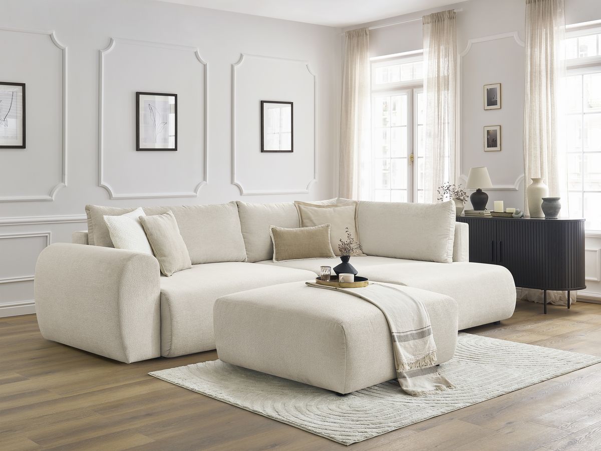 Bobochic Lucien Ecksofa mit Schlaffunktion und Bettkasten und Pouf 296 × 198 cm Stoff Beige Ecke rechts
