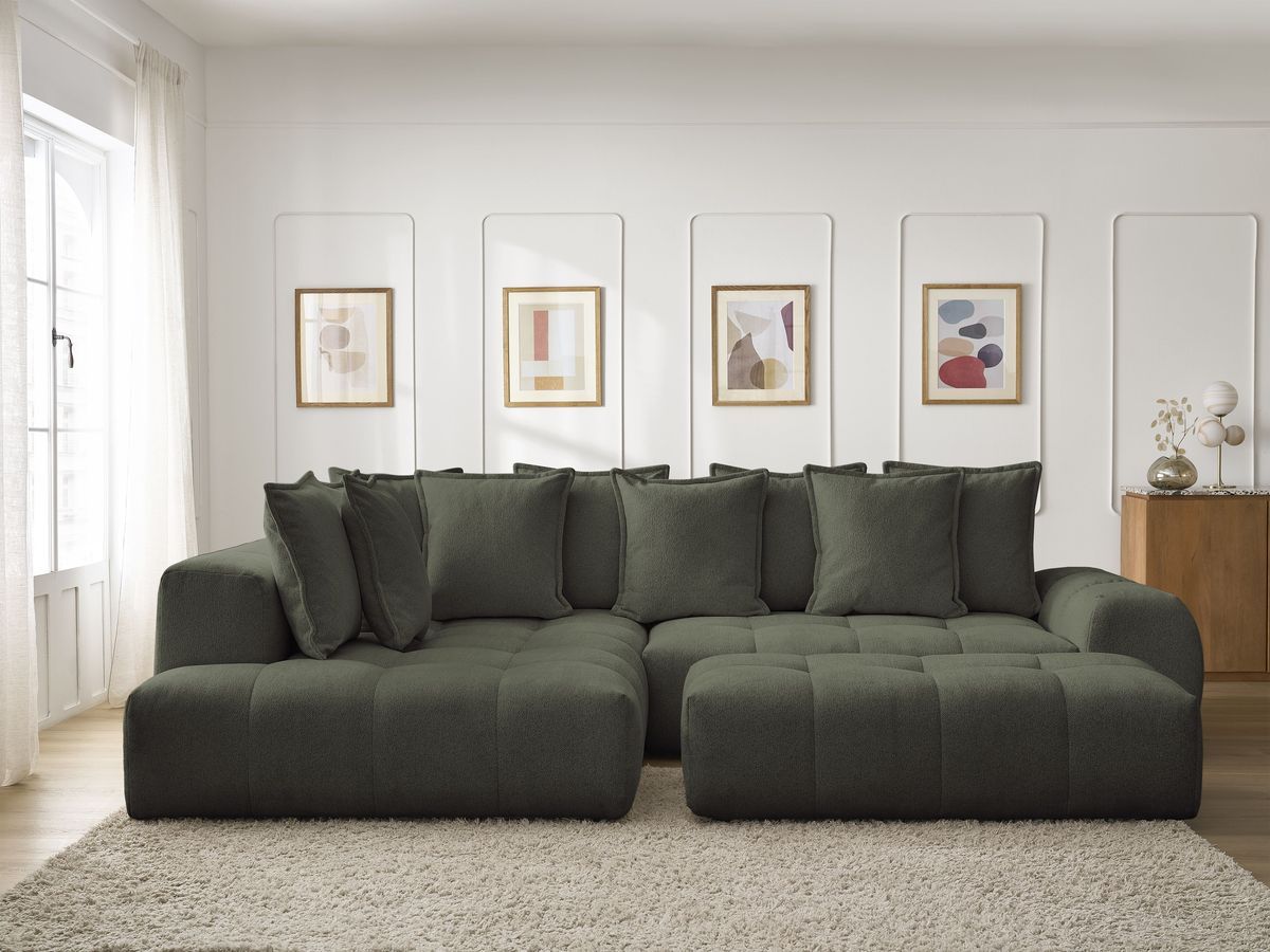 Bobochic Everest Ecksofa mit Schlaffunktion und Bettkasten und Pouf 320 × 212 cm, 10 Kissen Melange-Stoff Grün Ecke links