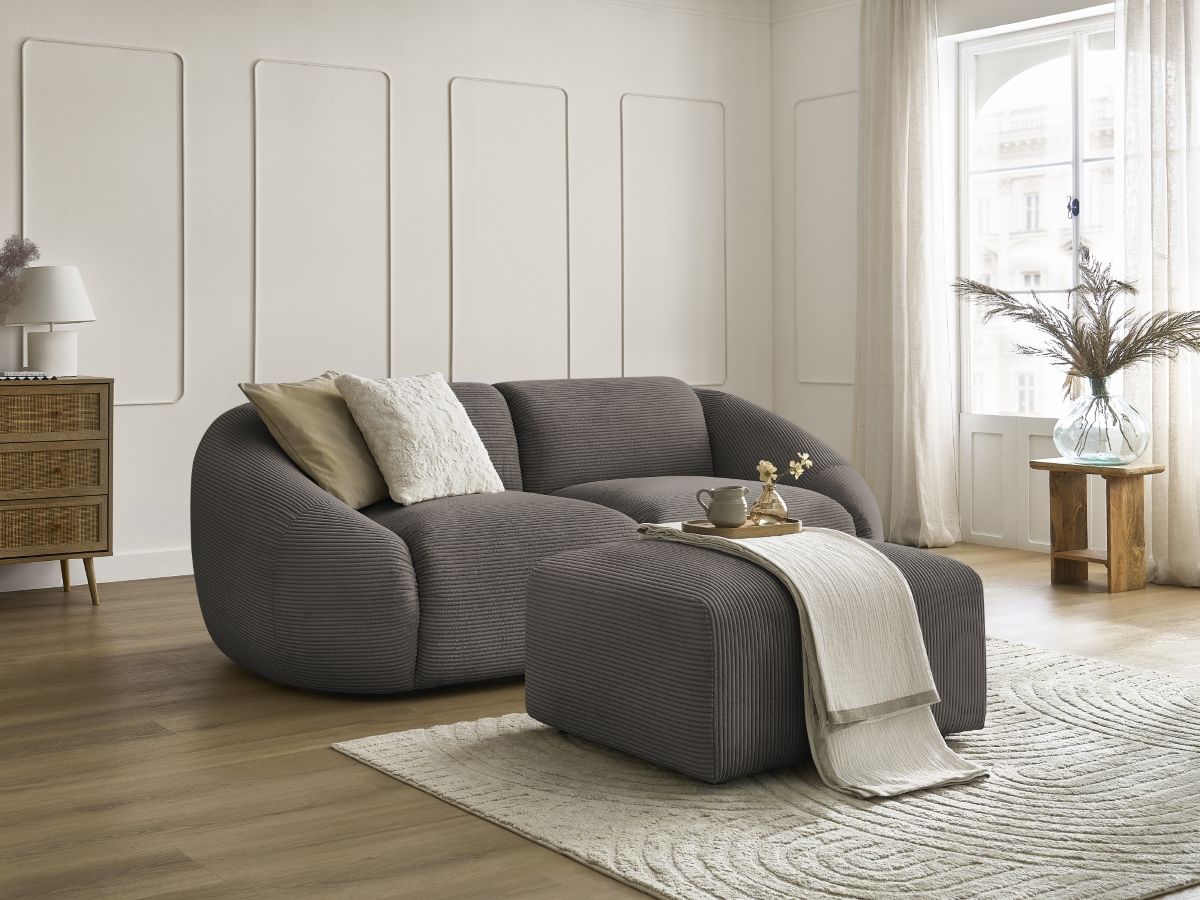Bobochic Tina Sofa 3-Sitzer mit Pouf Cordsamt Taupe