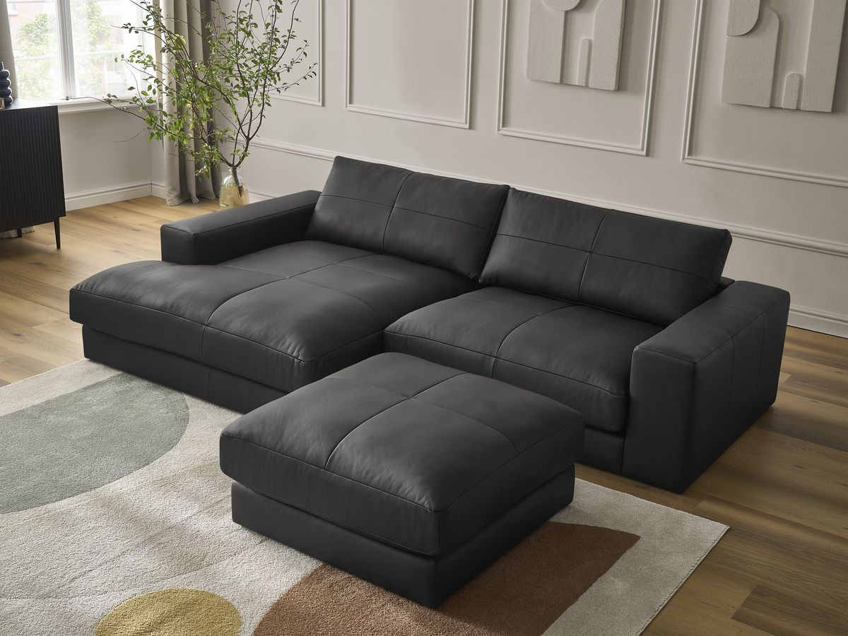 Bobochic Leonard Ecksofa mit Pouf 274 × 159 cm Leder Schwarz Ecke links