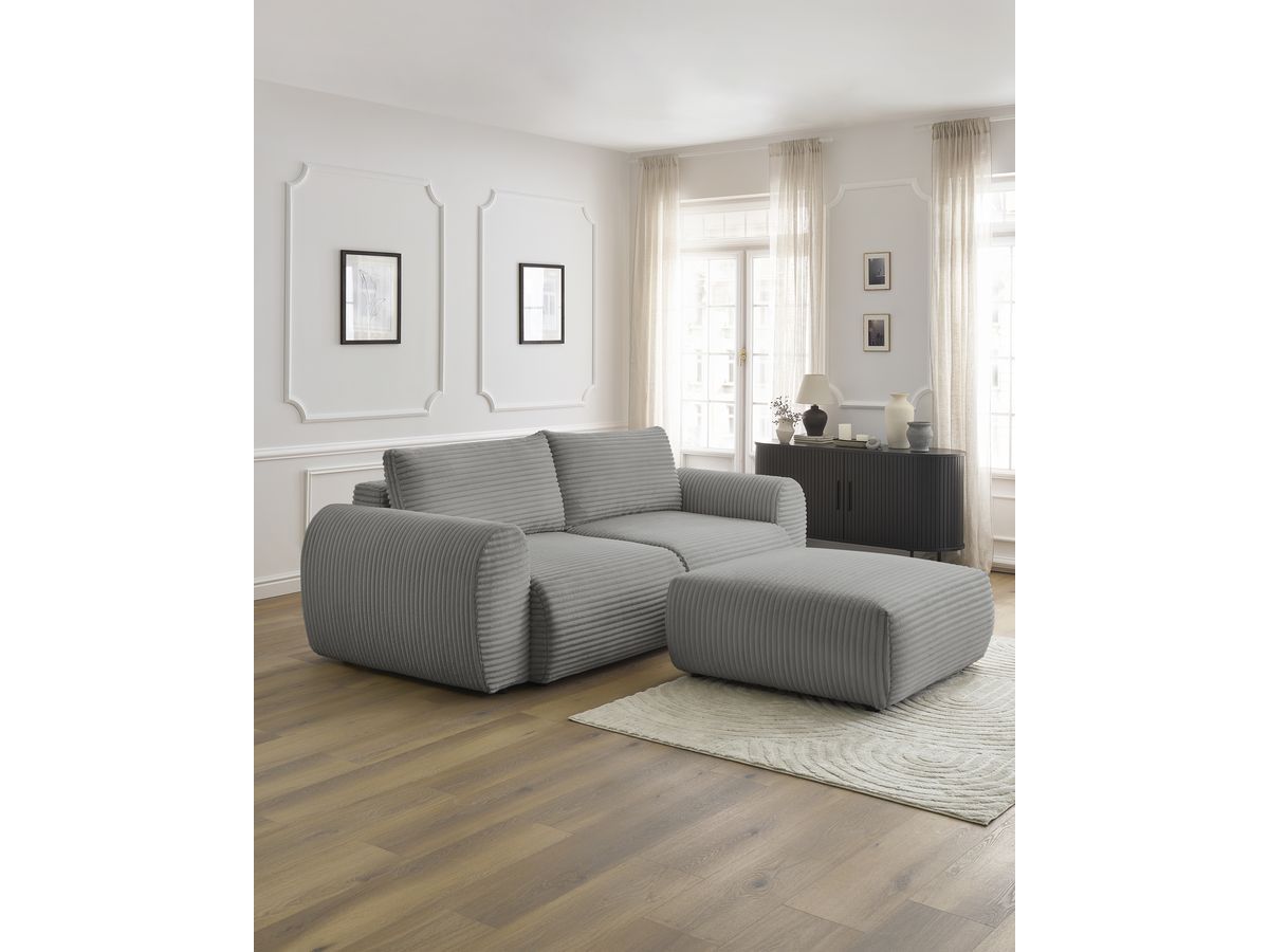 Bobochic Lucien Schlafsofa 4-Sitzer mit Bettkasten und Pouf Breitcord weich Dunkelgrau