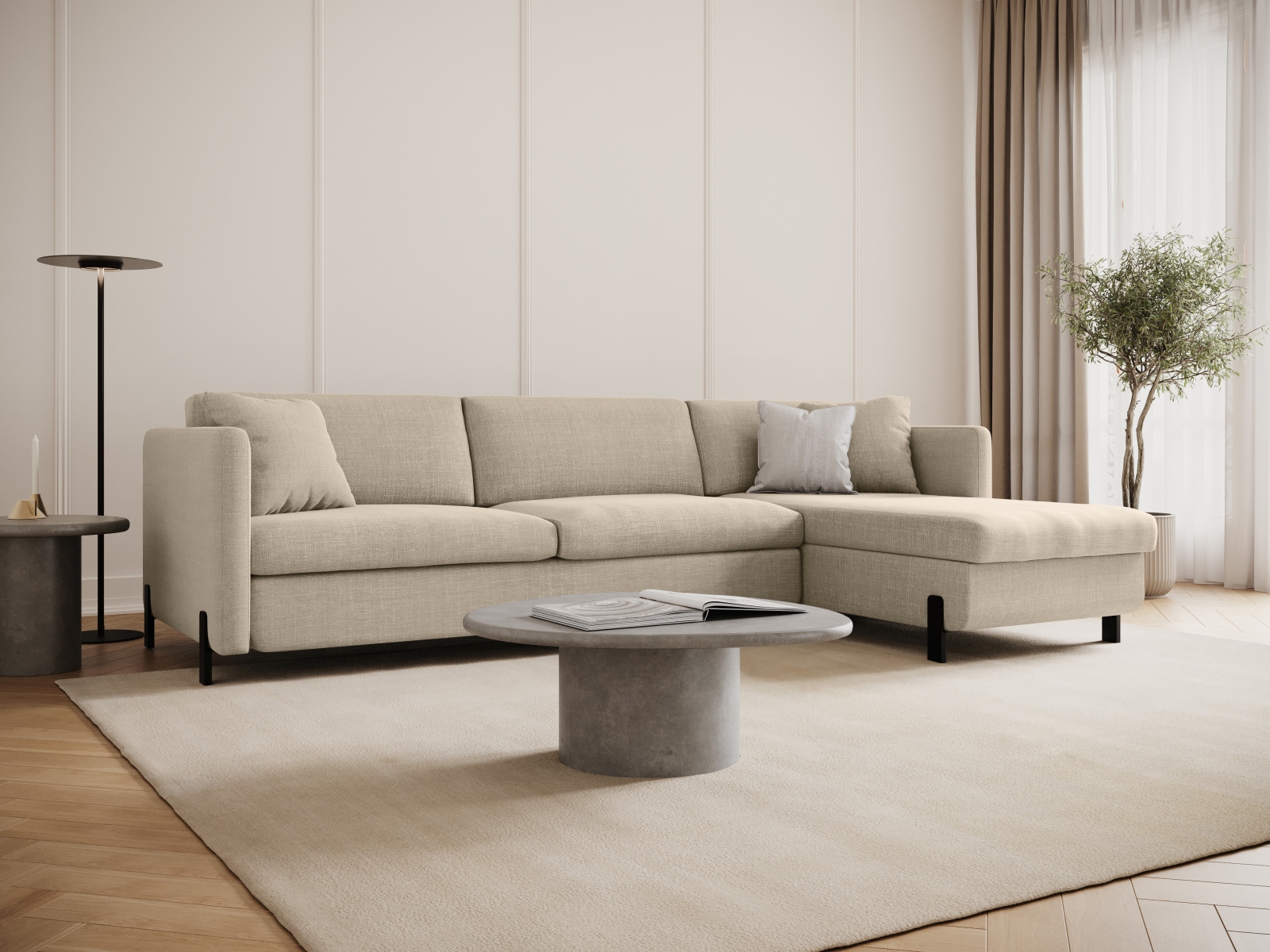 Micadoni Schlaf-Ecksofa Gloria 4-Sitzer Rechts Strukturierter Stoff Beige 205x140