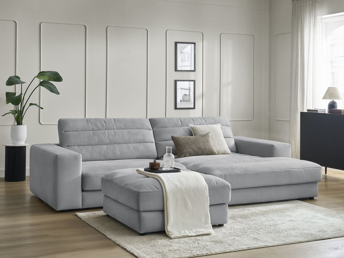 Bobochic Sierra Ecksofa mit Pouf Samt Hellgrau Ecke rechts