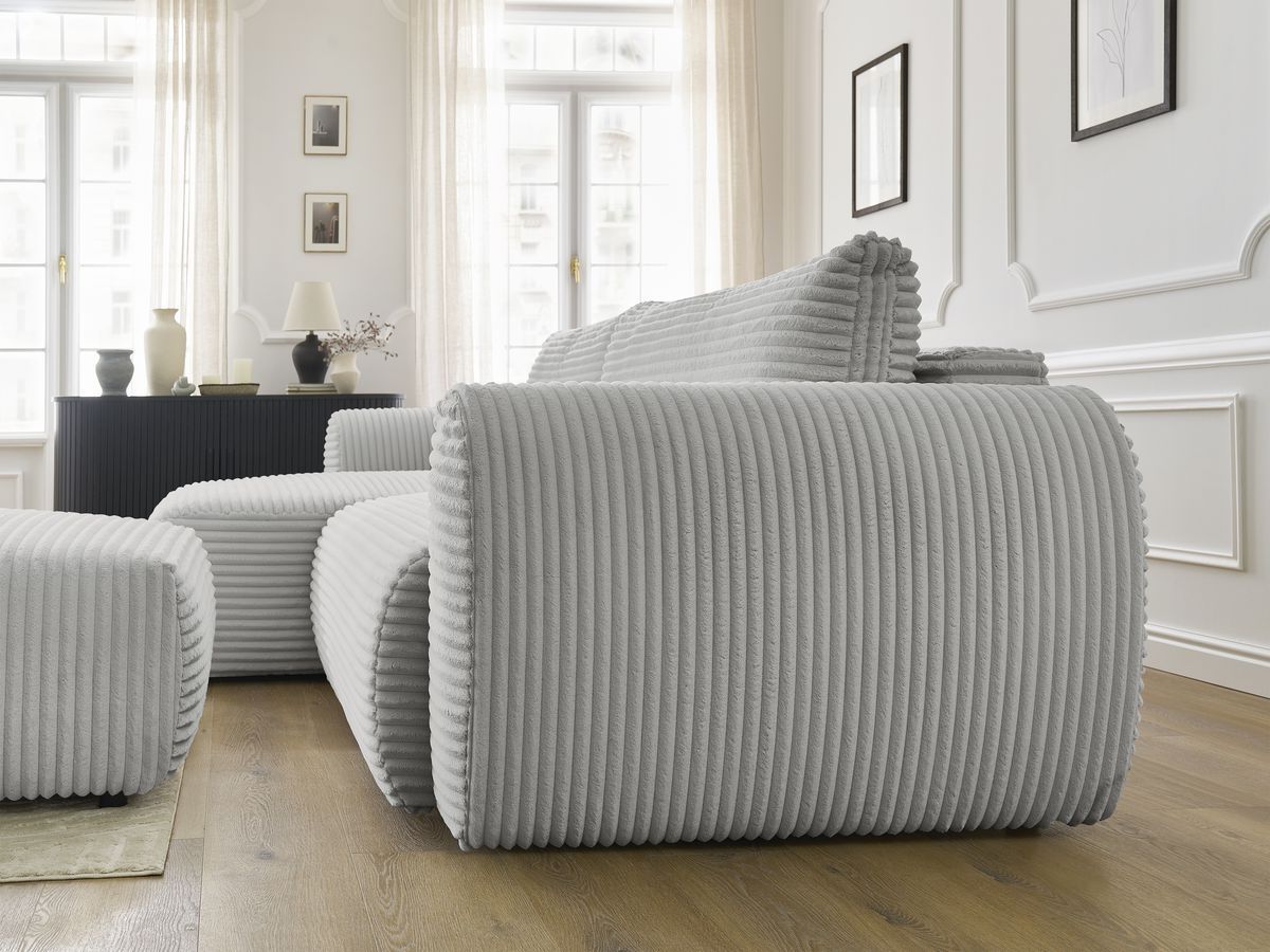 Bobochic Lucien Ecksofa mit Schlaffunktion und Bettkasten und Pouf 314 × 167 cm Breitcord weich Hellgrau Ecke links