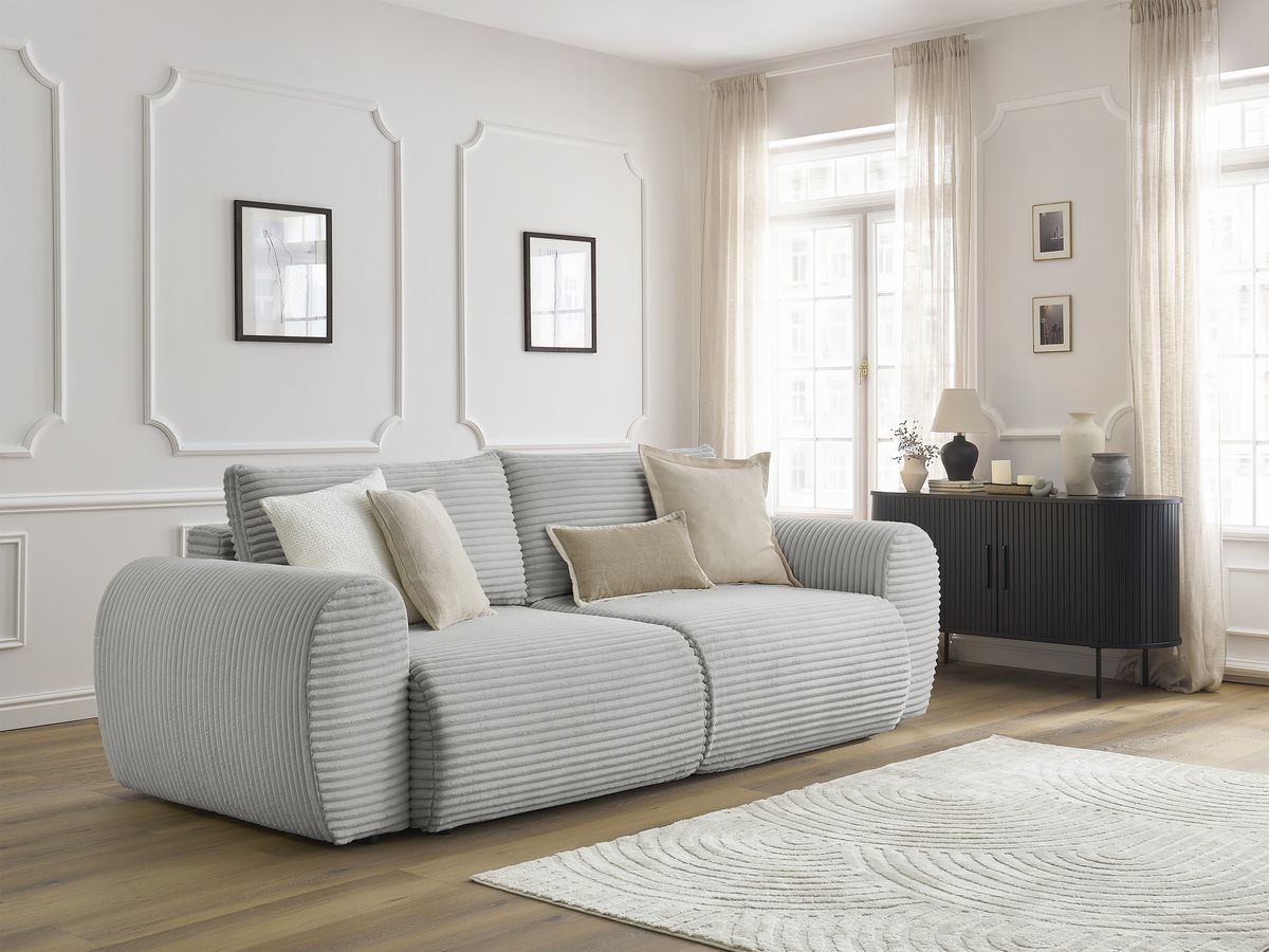 Bobochic Lucien Schlafsofa 3-Sitzer mit Bettkasten Breitcord weich Hellgrau