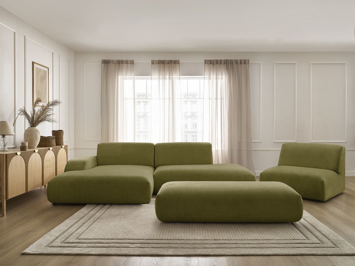 Bobochic Sirius Ecksofa mit Pouf 405 × 170 cm Strukturstoff Grün Ecke links