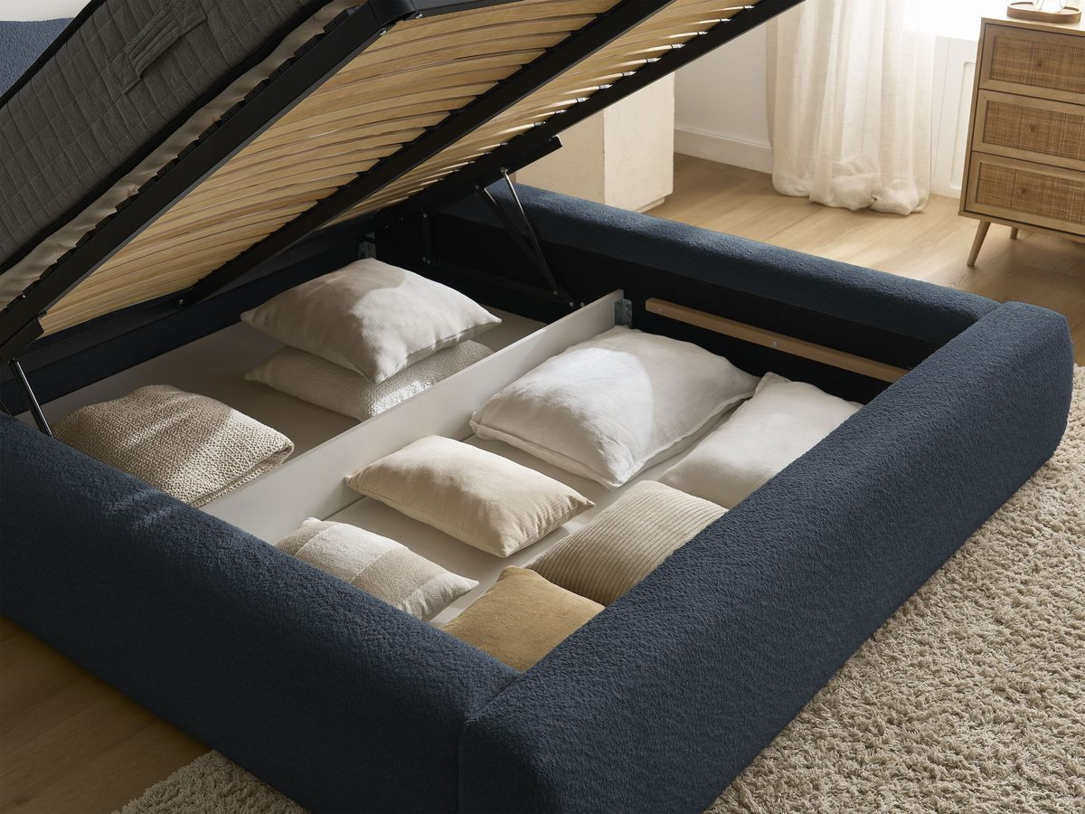 Bobochic Orlane Polsterbett mit Bettkasten Bouclé-Stoff Dunkelblau, Liegefläche 140 × 190 cm