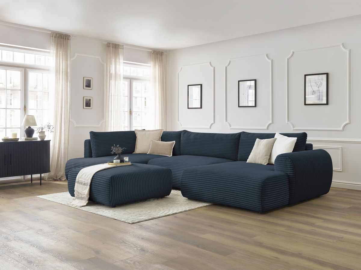 Bobochic Lucien Wohnlandschaft mit Pouf Breitcord weich Dunkelblau Ecke rechts