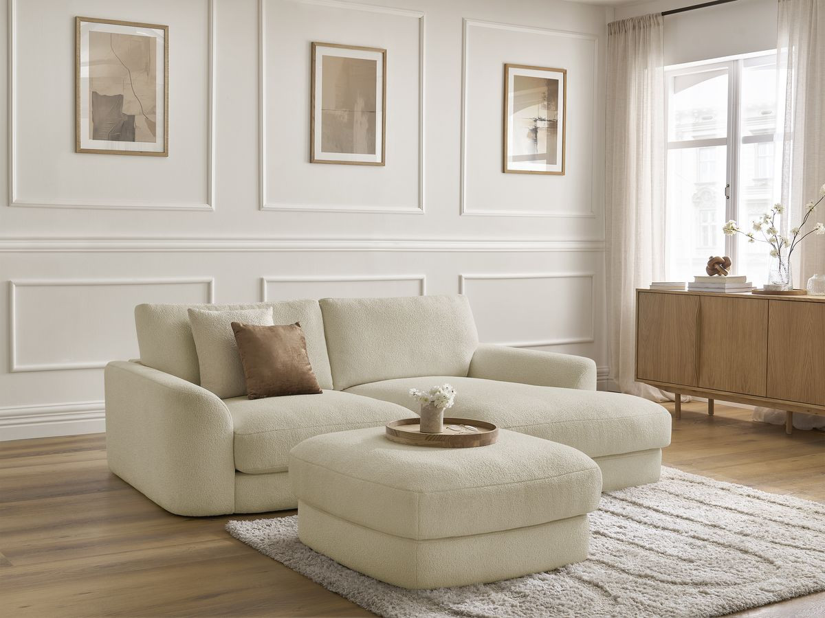 Bobochic Leonore Ecksofa mit Pouf Bouclé-Stoff Beige Ecke rechts