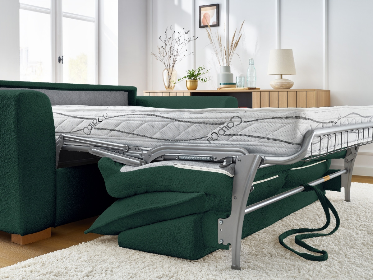 Bobochic Augustin Schlafsofa 3-Sitzer Bouclé-Stoff Grün, Liegefläche 140 × 200 cm