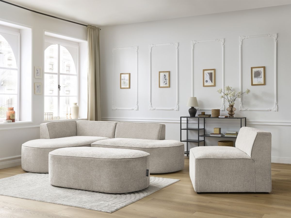 Bobochic Rousseau Ecksofa mit Sofamodul und Pouf Strukturstoff Beige Ecke links