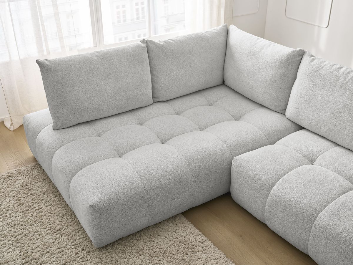 Bobochic Everest Ecksofa mit Schlaffunktion und Bettkasten 320 × 212 cm, 5 Kissen Melange-Stoff Hellgrau Ecke links