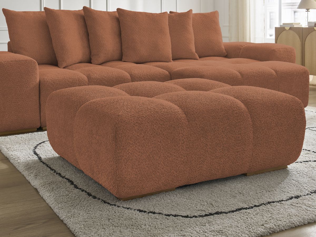 Bobochic Anakin Ecksofa mit Schlaffunktion und Bettkasten und Pouf, 6 Kissen Bouclé-Stoff Orange