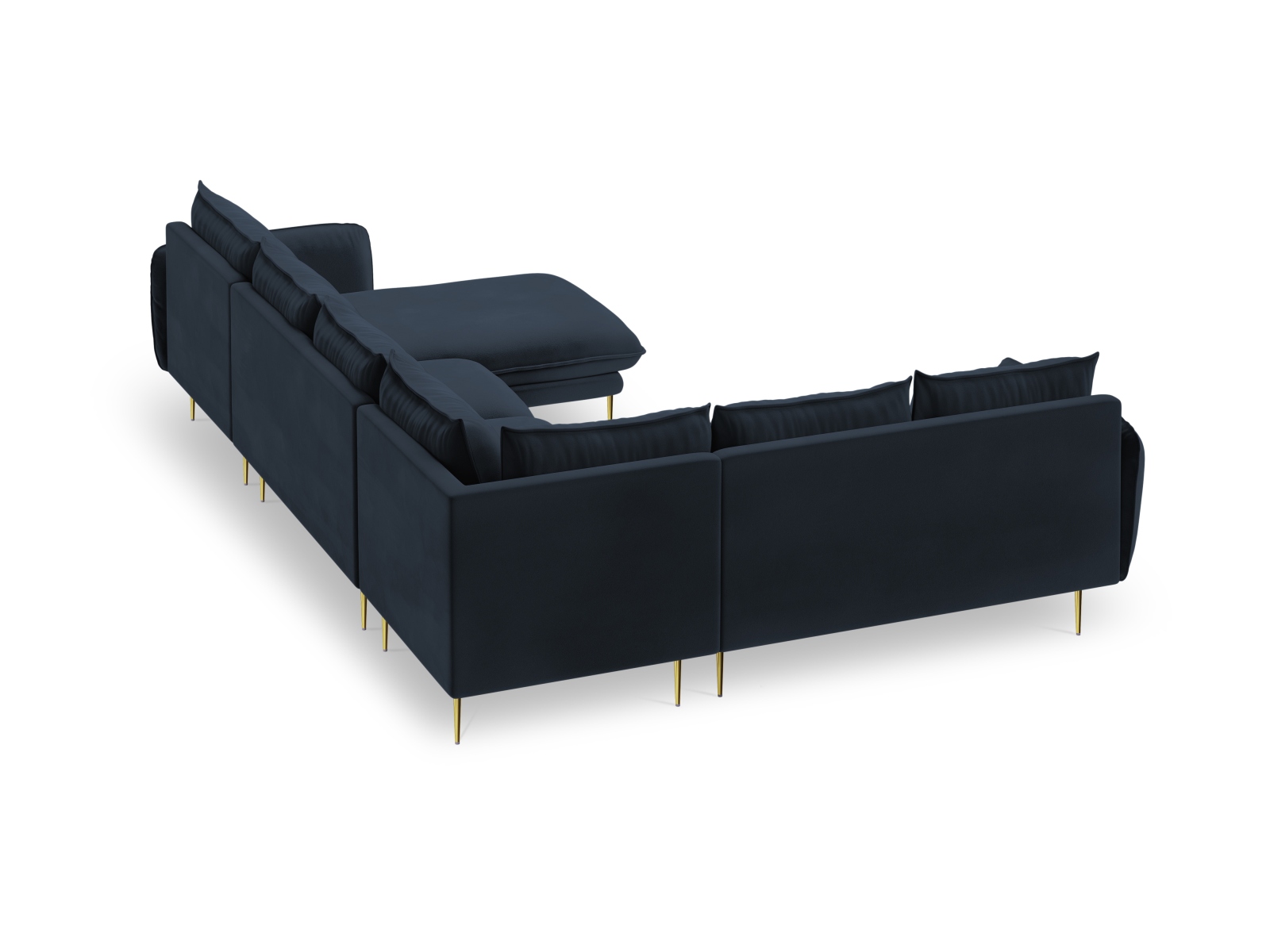 Cosmopolitan Design Panoramasofa Vienna 7-Sitzer Samt Bluvel Dunkelblau Links Beine Gold