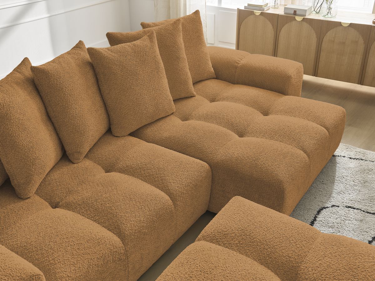 Bobochic Anakin Ecksofa mit Pouf, 6 Kissen Bouclé-Stoff Gelb