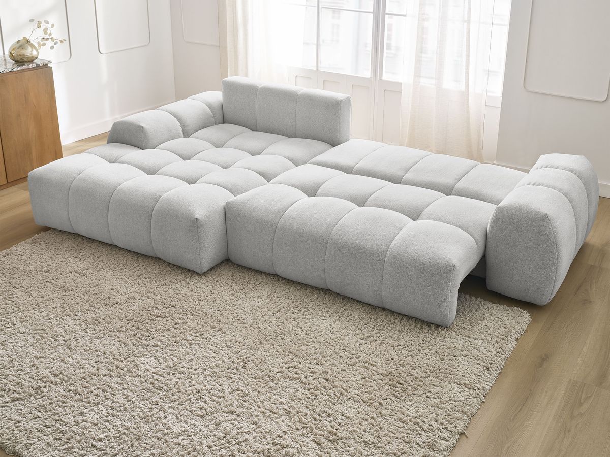 Bobochic Everest Ecksofa mit Schlaffunktion und Bettkasten 318 × 180 cm, 7 Kissen Melange-Stoff Hellgrau Ecke links