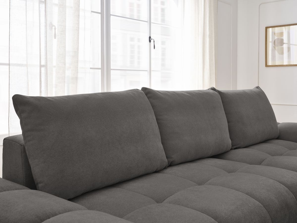 Bobochic Everest Ecksofa mit Schlaffunktion und Bettkasten 318 × 180 cm, 3 Kissen Strukturstoff Dunkelgrau Ecke rechts