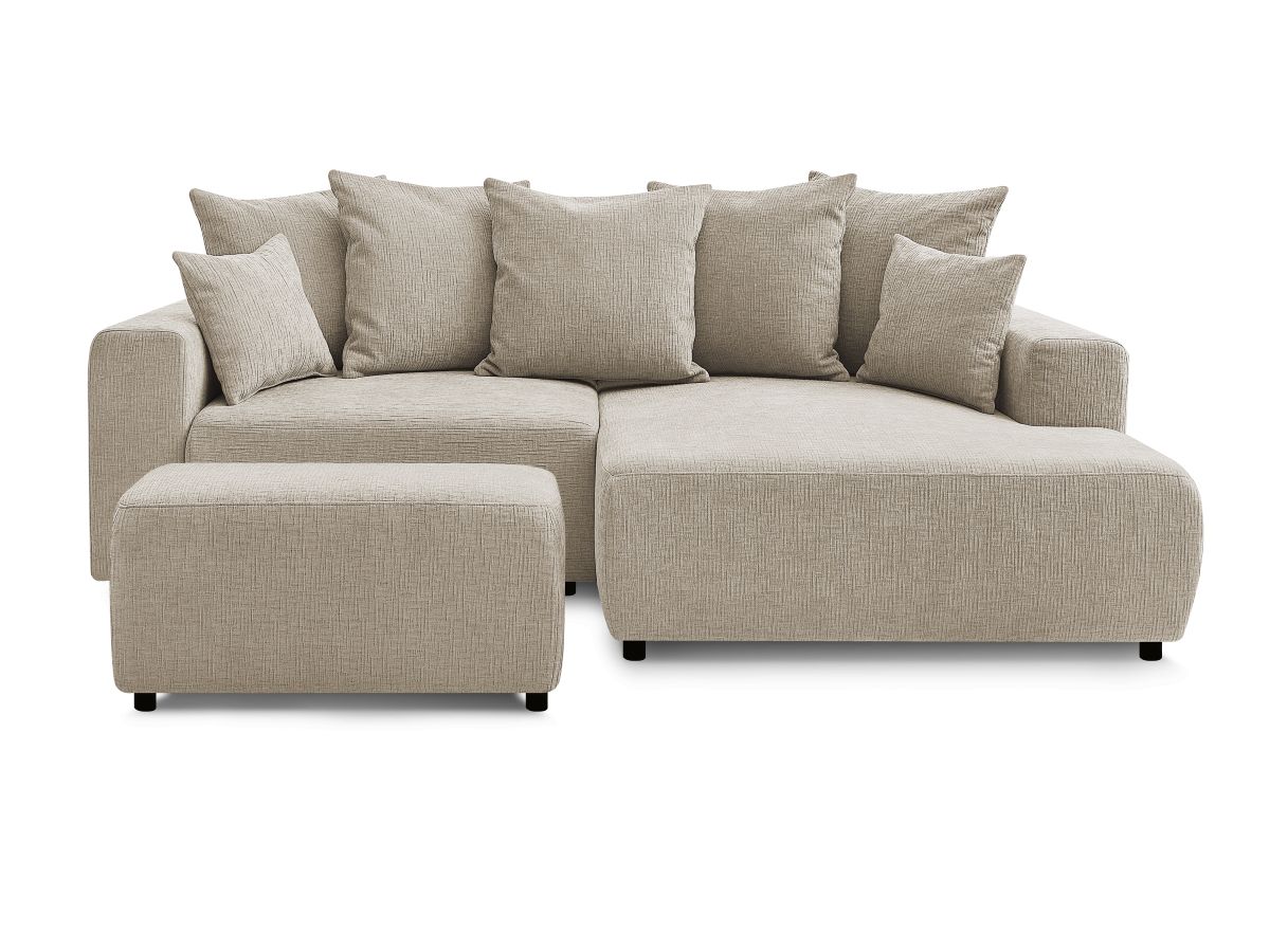 Bobochic Atilla Ecksofa mit Schlaffunktion und Bettkasten und Pouf Strukturstoff Beige Ecke rechts