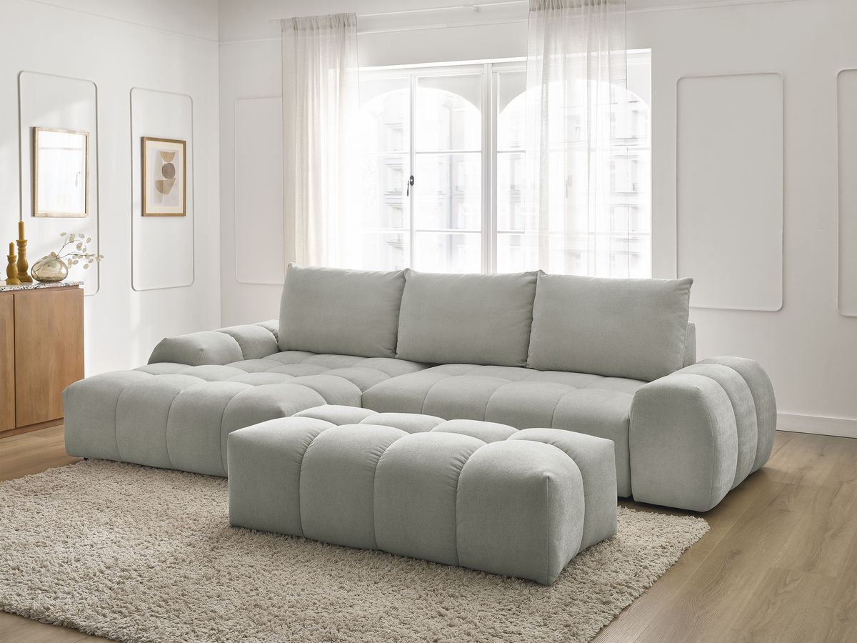 Bobochic Everest Ecksofa mit Schlaffunktion und Bettkasten und Pouf 318 × 180 cm, 3 Kissen Strukturstoff Hellgrau Ecke links