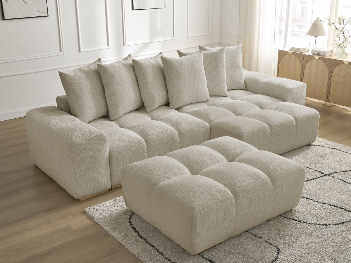 Bobochic Anakin Ecksofa mit Pouf, 6 Kissen Strukturstoff Beige