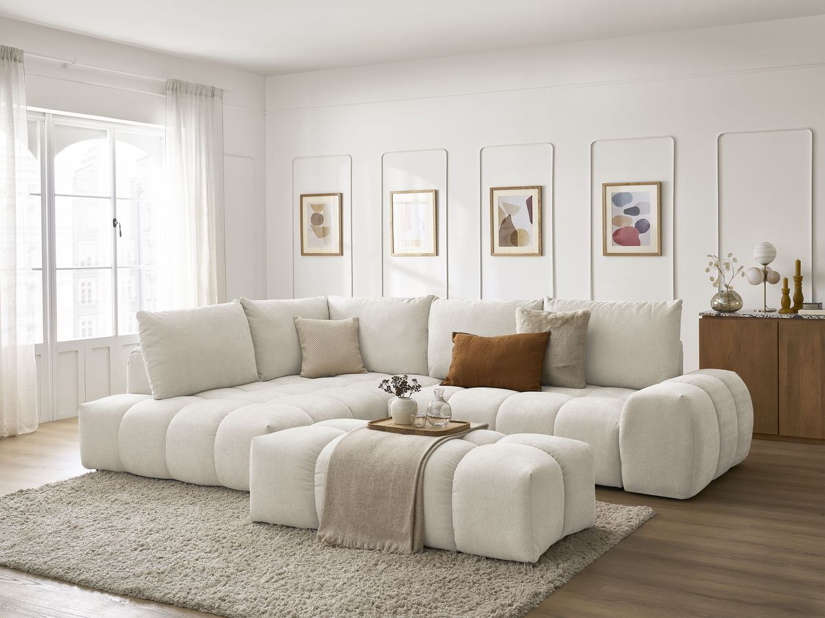 Bobochic Everest Ecksofa mit Schlaffunktion und Bettkasten und Pouf 320 × 212 cm, 5 Kissen Strukturstoff Beige Ecke links