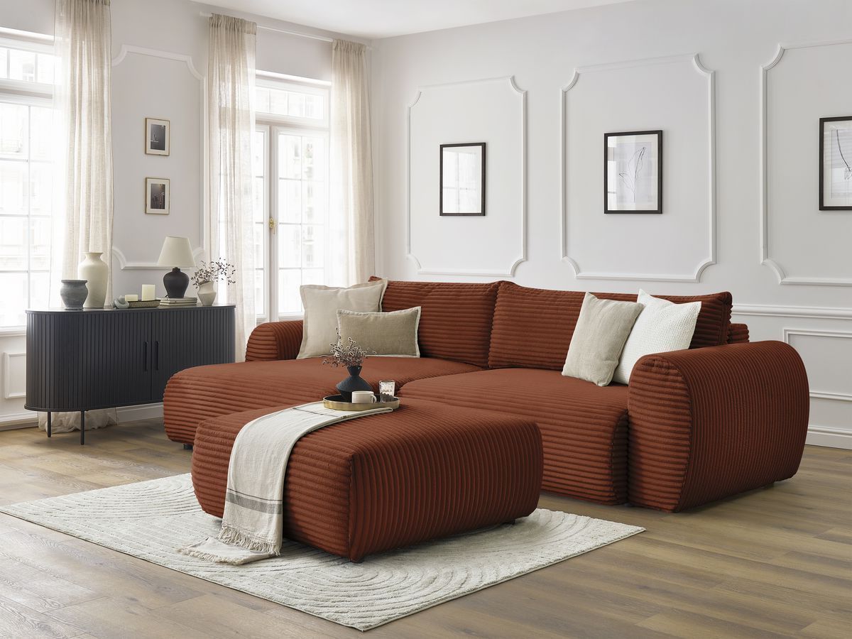 Bobochic Lucien Ecksofa mit Schlaffunktion und Bettkasten und Pouf 314 × 167 cm Breitcord weich Orange Ecke links