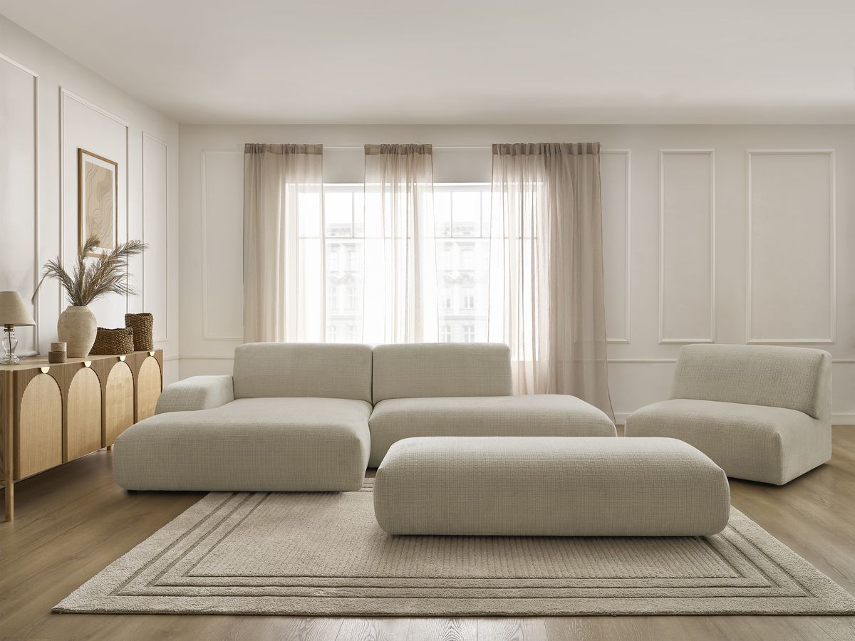 Bobochic Sirius Ecksofa mit Pouf 405 × 170 cm Strukturstoff Beige Ecke links